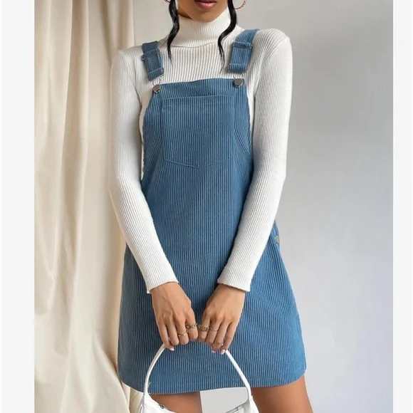 Classic Elegant Corduroy Solid Pocket Jumper Overall Dress Without Sweater - Picture 6 of 13